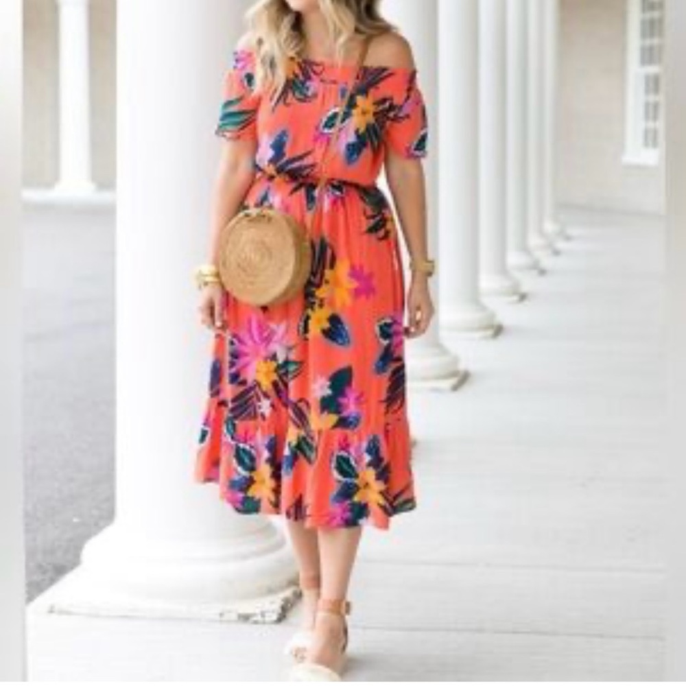 Old Navy Floral Off-Shoulder Dress - Orange and Blue
